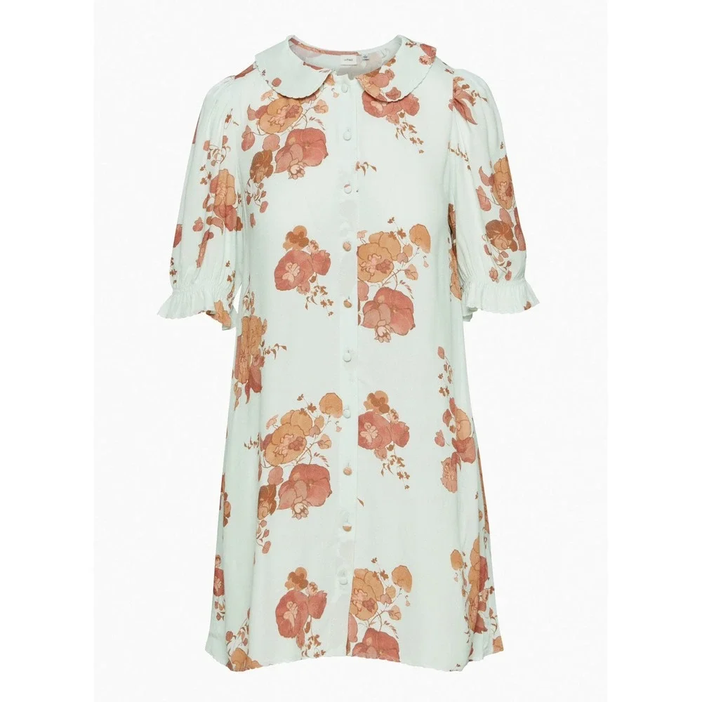Wilfred Poppins Dress Floral Print Puff Sleeve Peter Pan Collar Button Up Size S
